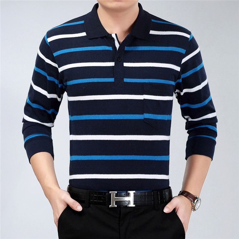 Moda Hombre Nuevo Negocios Camisas Polo Rayadas Coreano Primavera Otoño Casual Manga Larga Solapa Bolsillos Ropa Masculina Algodón Tops 2025