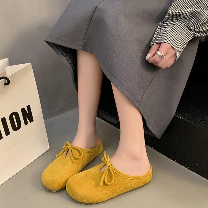 Retro and versatile 2025 autumn new bow one-pedal soft-soled half-slippers flat-bottomed Boken bag head slippers women