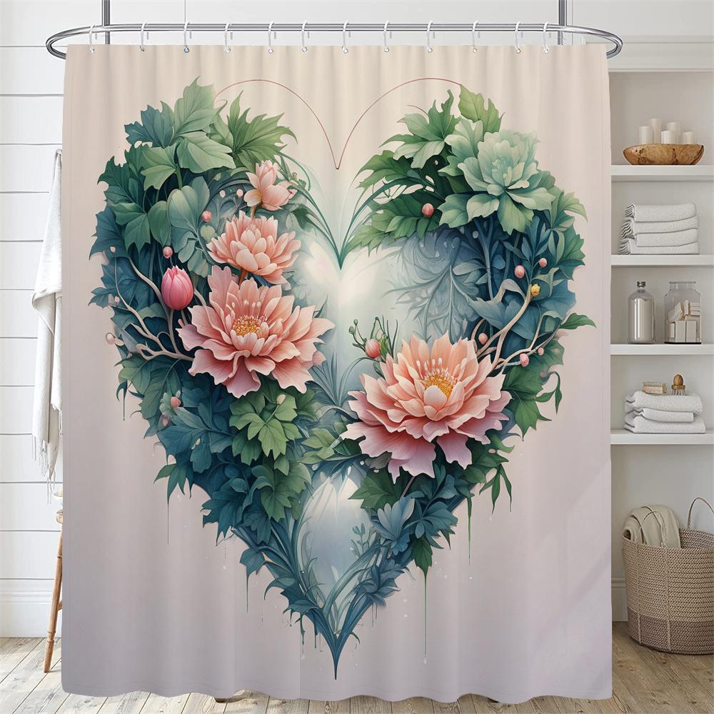 Beautiful Heart-Shaped Flower Shower Curtain Loving Floral Shower Curtain Flowers And Plants Bathroom Curtains Home Decoratoin