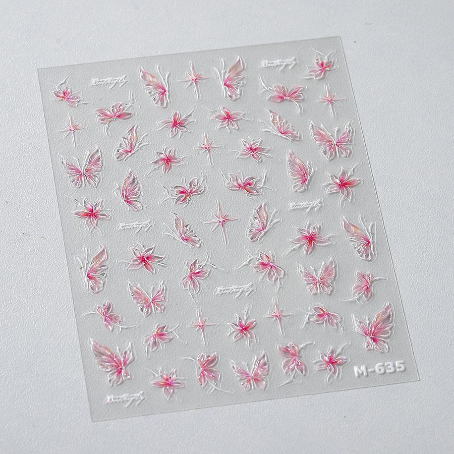 Gradient White Pink Butterfly Flower Shiny Stars Chic Spring Petal 5D Soft Adhesive Nail Art Stickers Decorations Manicure Decal