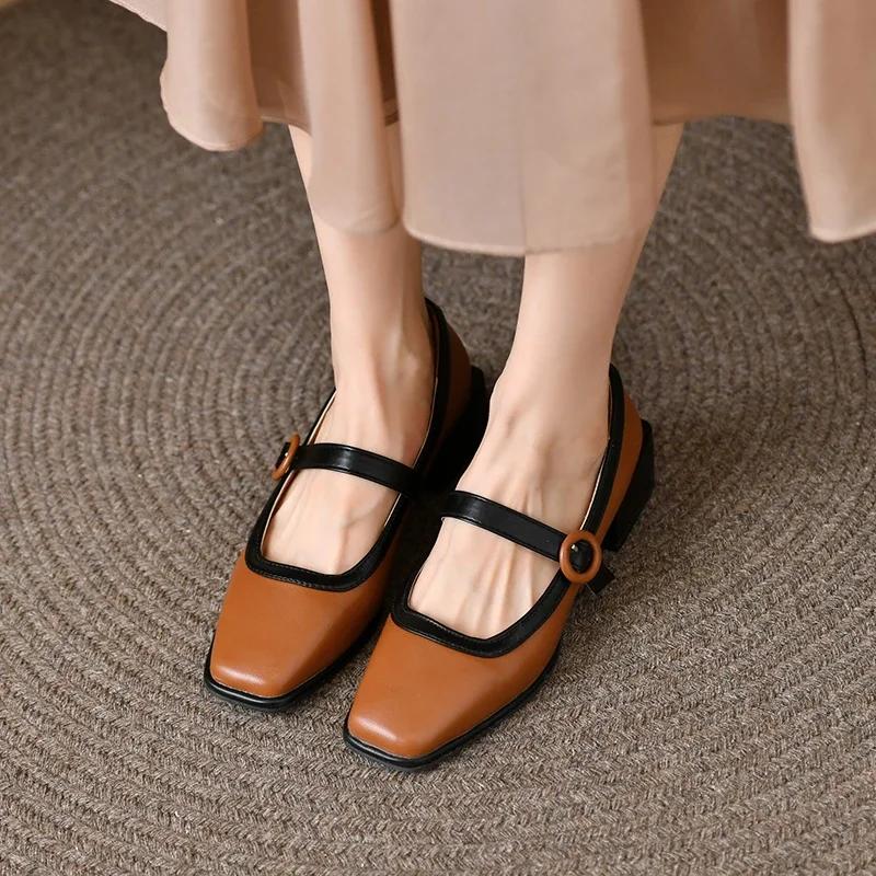 French Vintage Pumps Elegant Square Head Thick Low  Heel Mary Jane Shoes Women's New Belt Buckle Single Loafers Tacones Mujer
