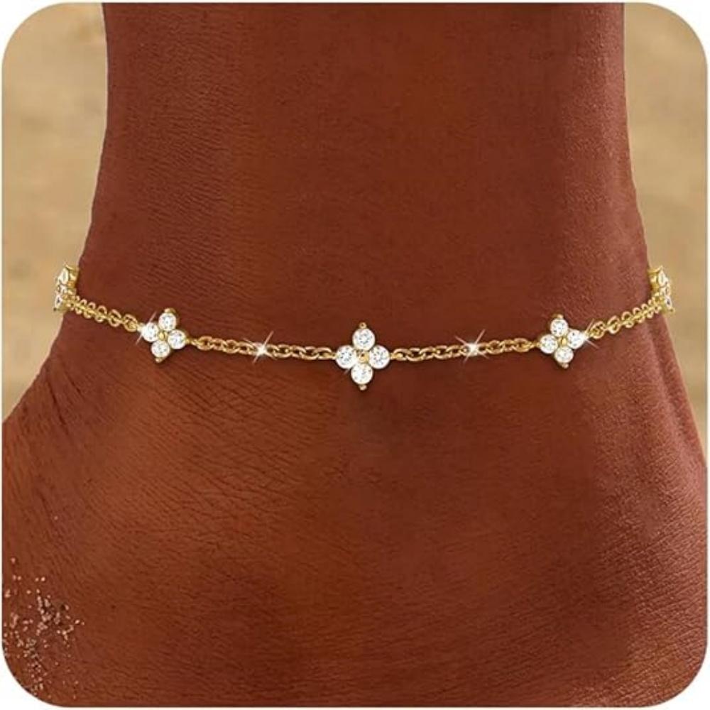 S925 Silver Plated Four Leaf Clover Zircon Anklet for Women Fashion Simple Adjustable Ankle Chain Summer Vacation Jewelry Gift