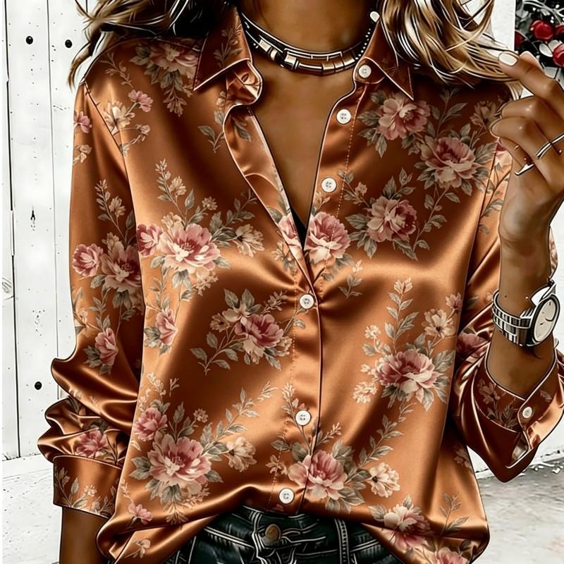 Dames Satin Lange Mouwen Shirt Vintage Roze Bloemenprint Blouse Kraag Enkelrijig Los Kantoor Tops