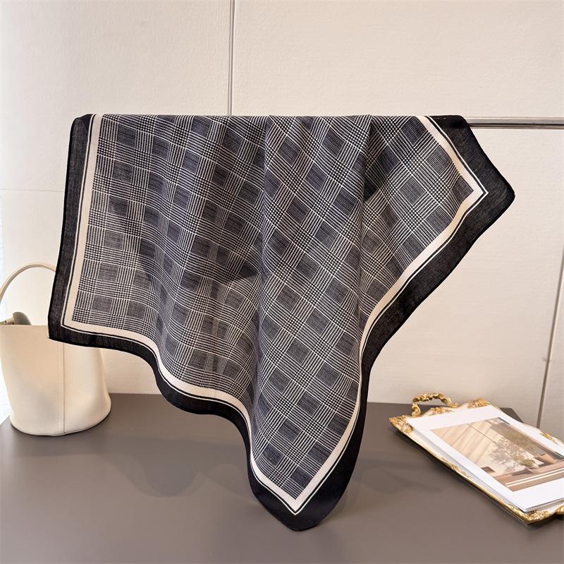 Classic Plaid Herringbone Pattern Cotton And Linen Small Square Scarf Silk Scarf Imitation Velvet Headscarf Shawl Sun Protection Scarf