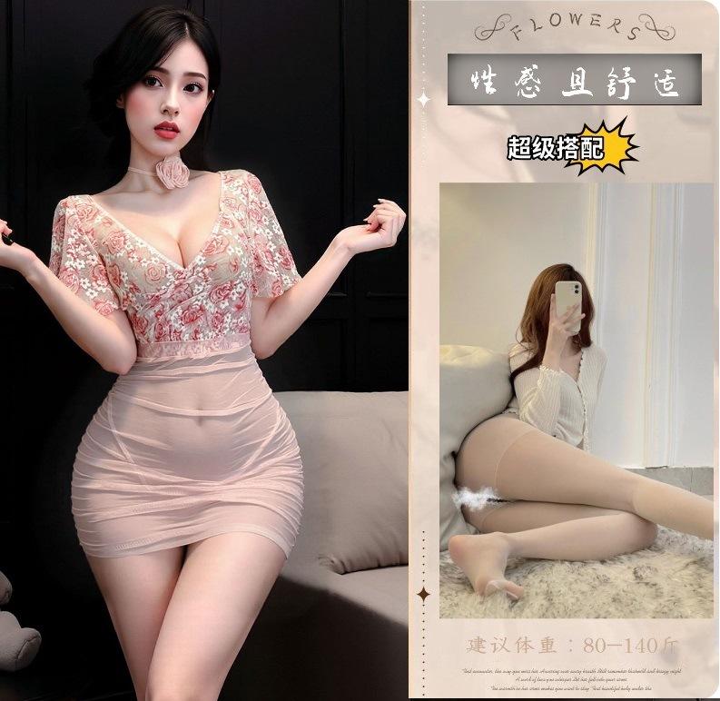 Sexy lingerie perspective deep V floral rose gauze hip skirt uniform suit flirting lingerie women