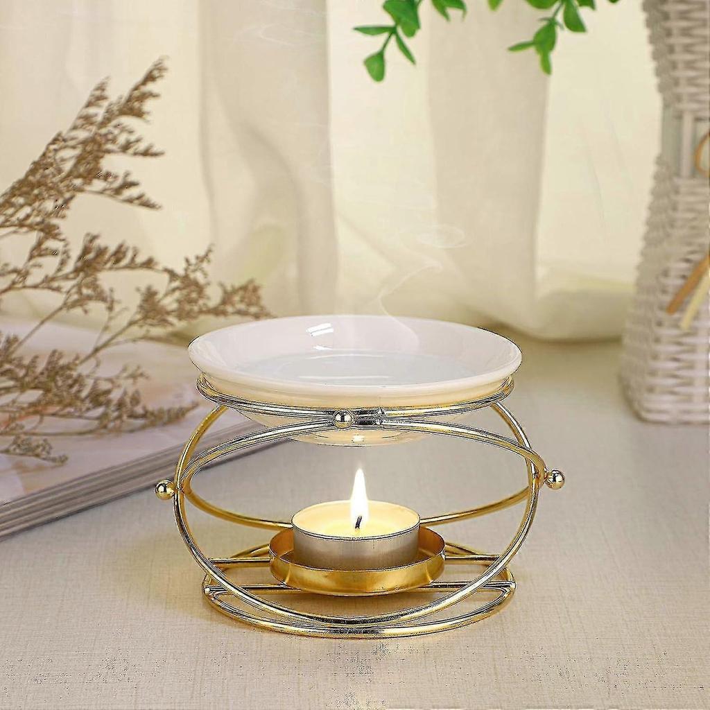 Metal Essential Oil Burner Wax Melt Burner With Ceramic Bowl, Home Decorative Tea Light Candle Holder Aroma Diffuser, Round Shape - PR
