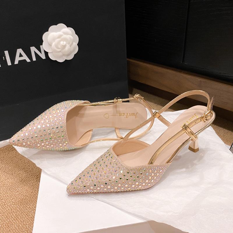 Temperament pointed head full diamond high heel bag head sandals summer new silver word with empty back thin heel show legs long