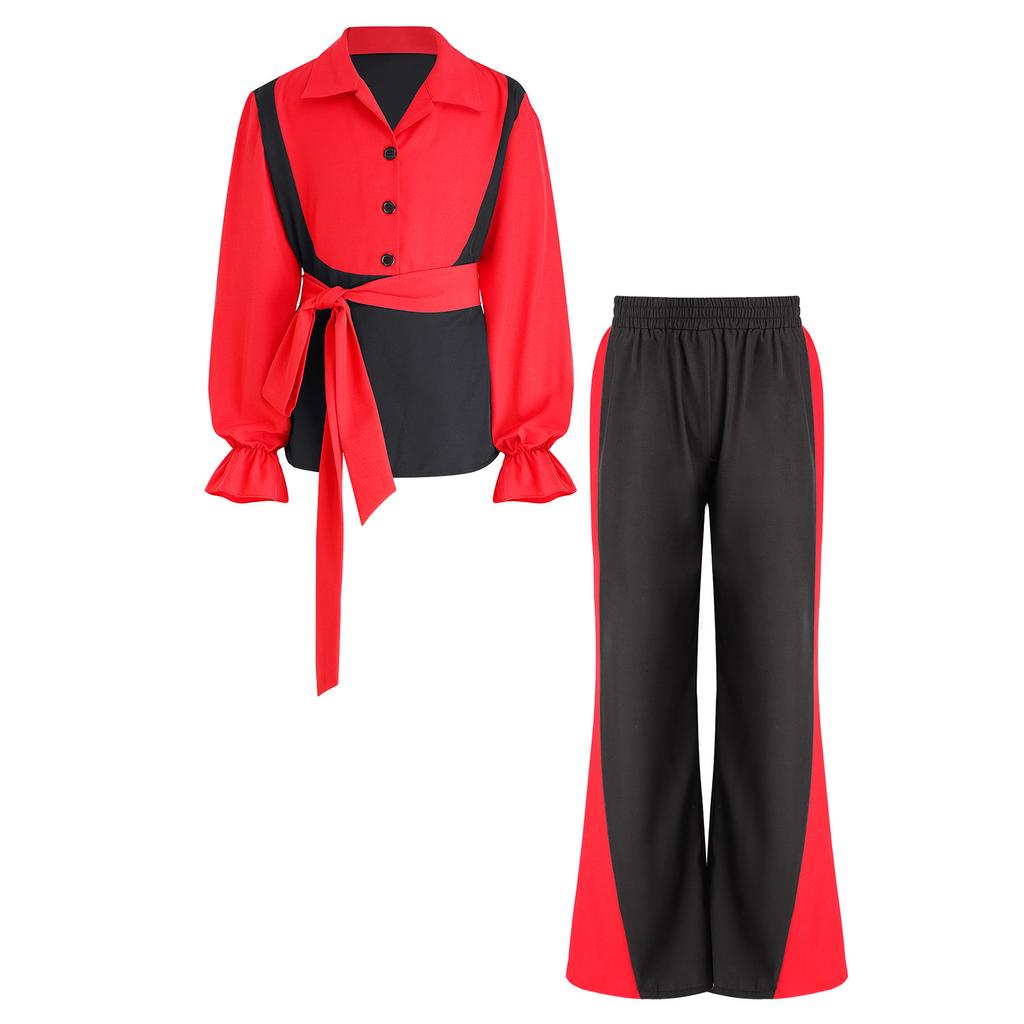 Chlapecký outfit na flamenco tanec Color Block Sklápěcí límeček Dlouhý naberaný rukáv Svetr Kalhoty s elastickým pasem Pásek