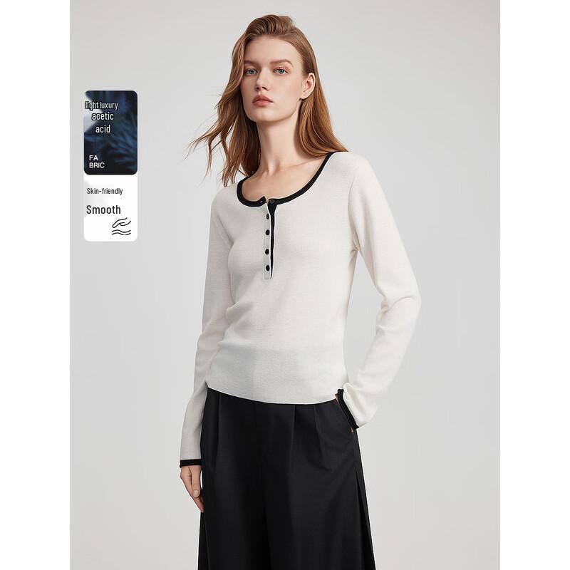 ELLE Women s Color Block Lambswool Henley Knit Sweater M