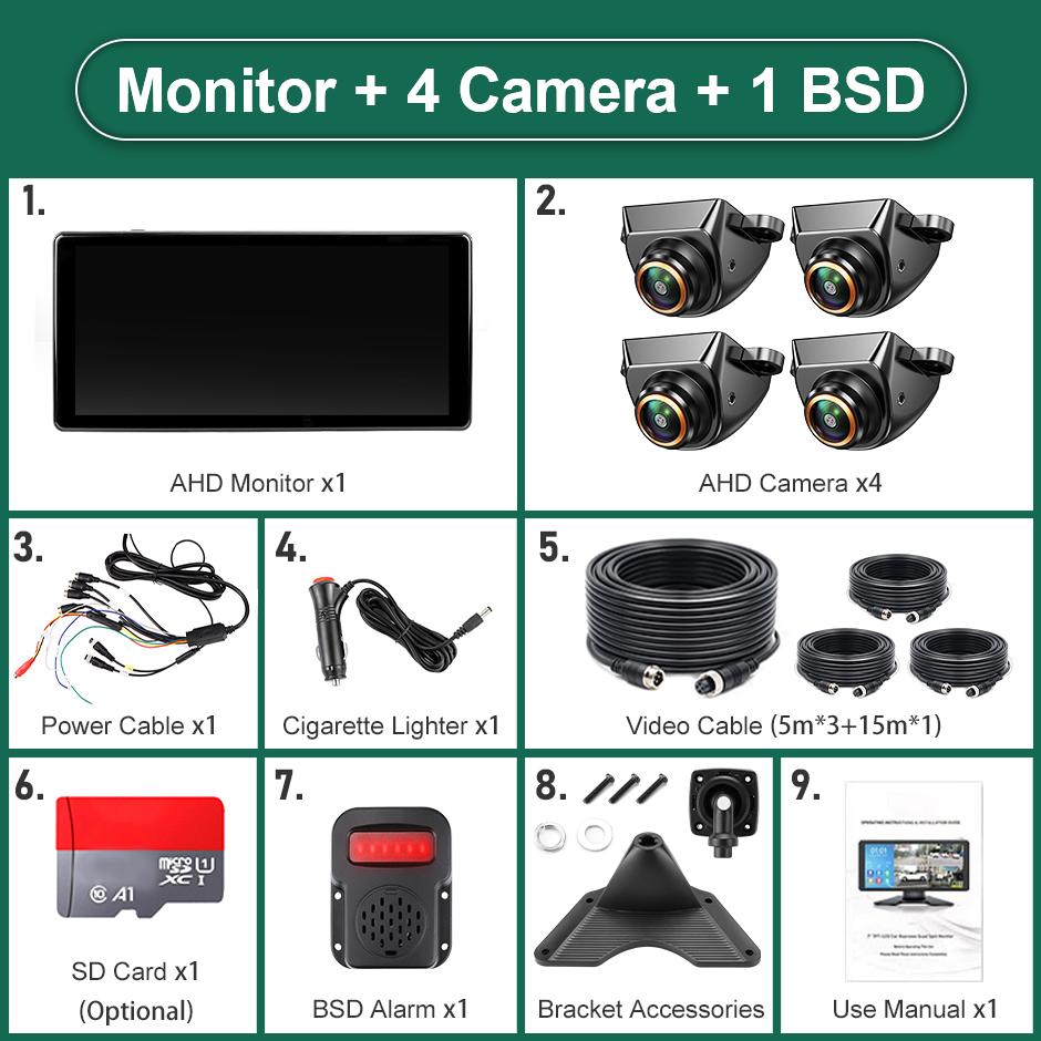 Blind Spot 10.36 Inch IPS Touch Screen WiFi Wireless Apple Carplay Android-Auto 4CH Record DVR Monitor With Mini AHD1080P Camera