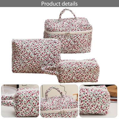 3 Stück Blumen Make-up Tasche Baumwolle Gesteppt Make-up Organizer Aufbewahrungstasche Große Kapazität Kosmetik-Organizer Etui mit Reißverschluss für Frauen
