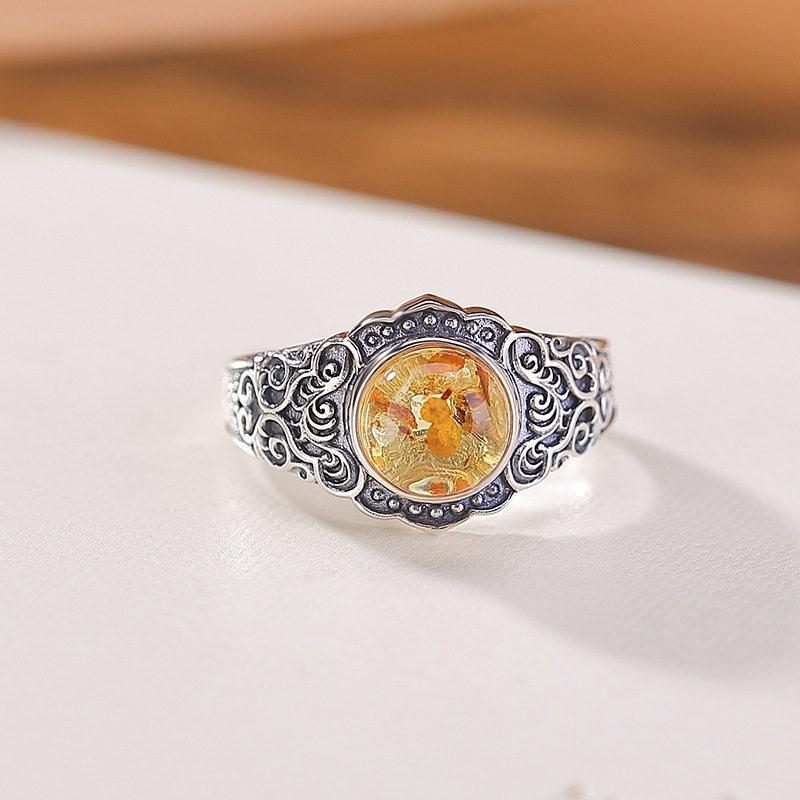 Adjustable Open Ring With Floral Amber Scroll Vintage Oxidized Copper Band Unisex Elegant Statement Jewelry