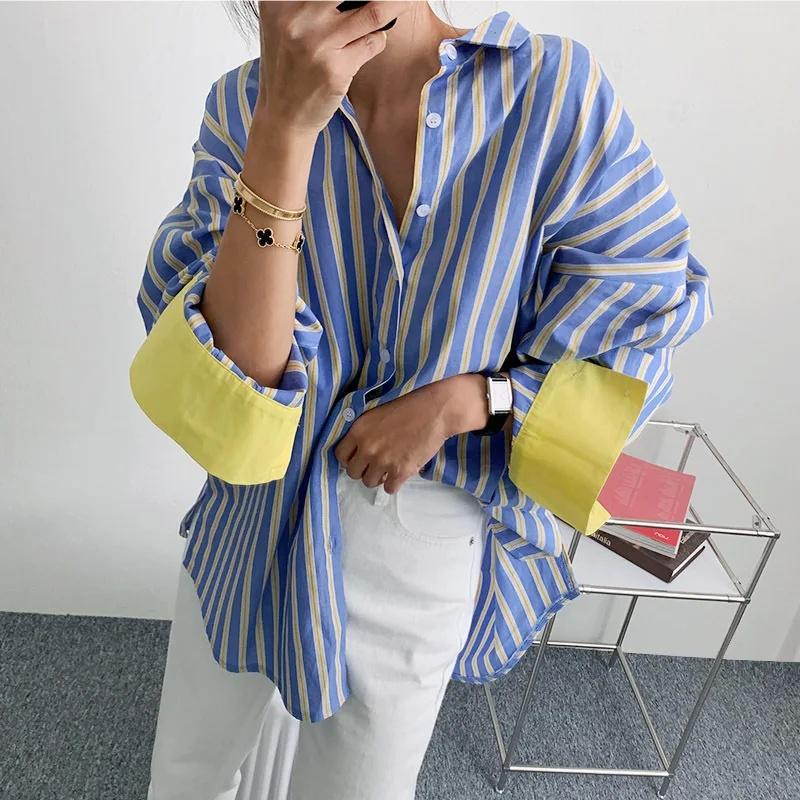 Spring Autumn Women's Fashion Color Blocking Striped Shirt Korean Style Loose Fit Slimming Medium-Length Base Shirt Casual