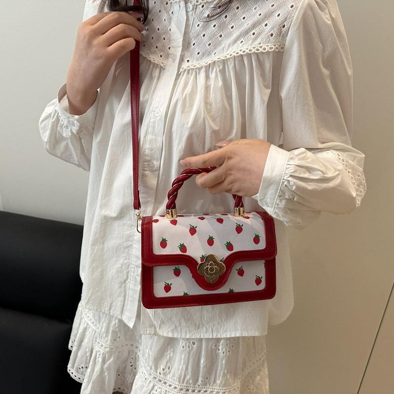 Little Cherry Printed Shoulder Bag Women's New Twist Portable Small Square Bag Fresh Contrast Color Design Messenger Bag