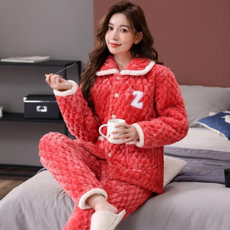 Pajamas women's winter three-layer thickened models fleece coral fleece warm padded cotton autumn and winter women's loungewear