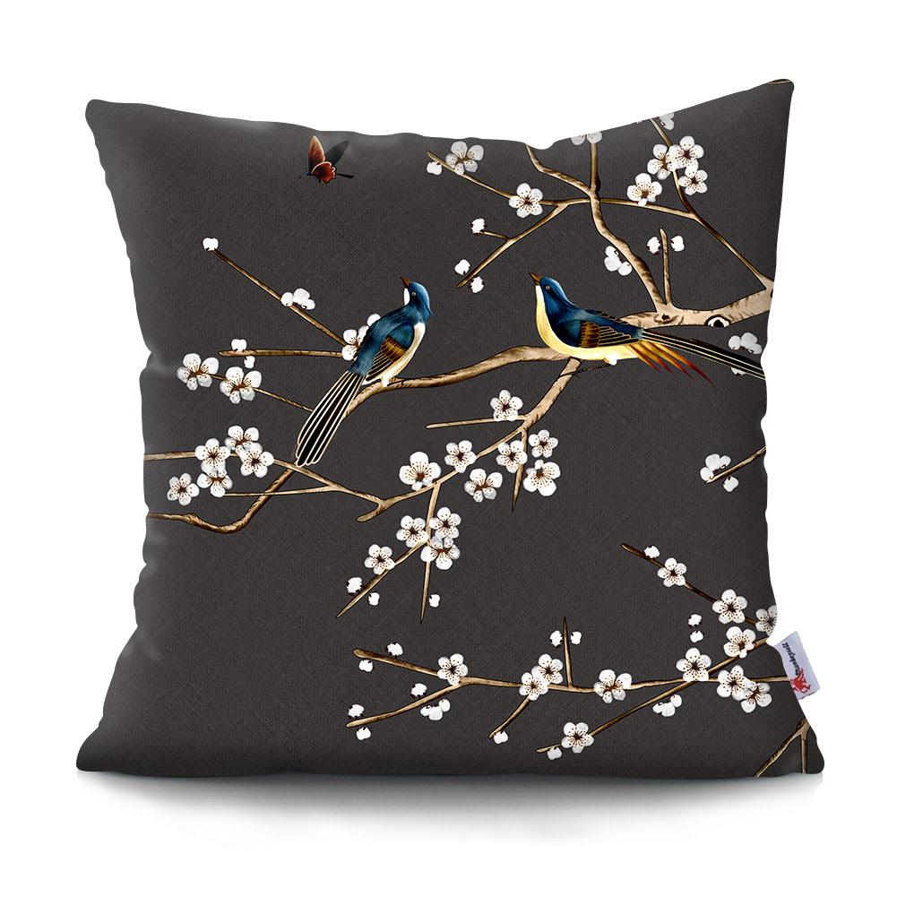 Square Chinese Landscape Painting Cushion Cover Vintage Plum Blossom Pillowcase