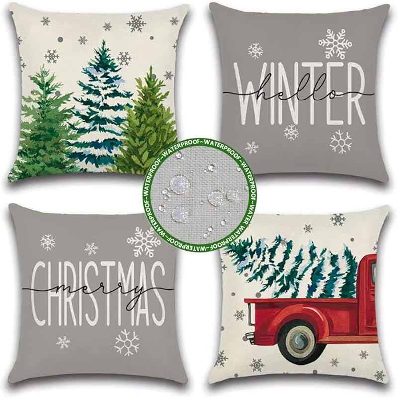 JOJOGOGO Grey Outdoor Christmas Pillow Covers 18x18 Waterproof Set of 4 Gray Winter Holiday Pillow Covers Farmhouse Christmas Decorations for Couch 18  x 18  (Pack of 4)