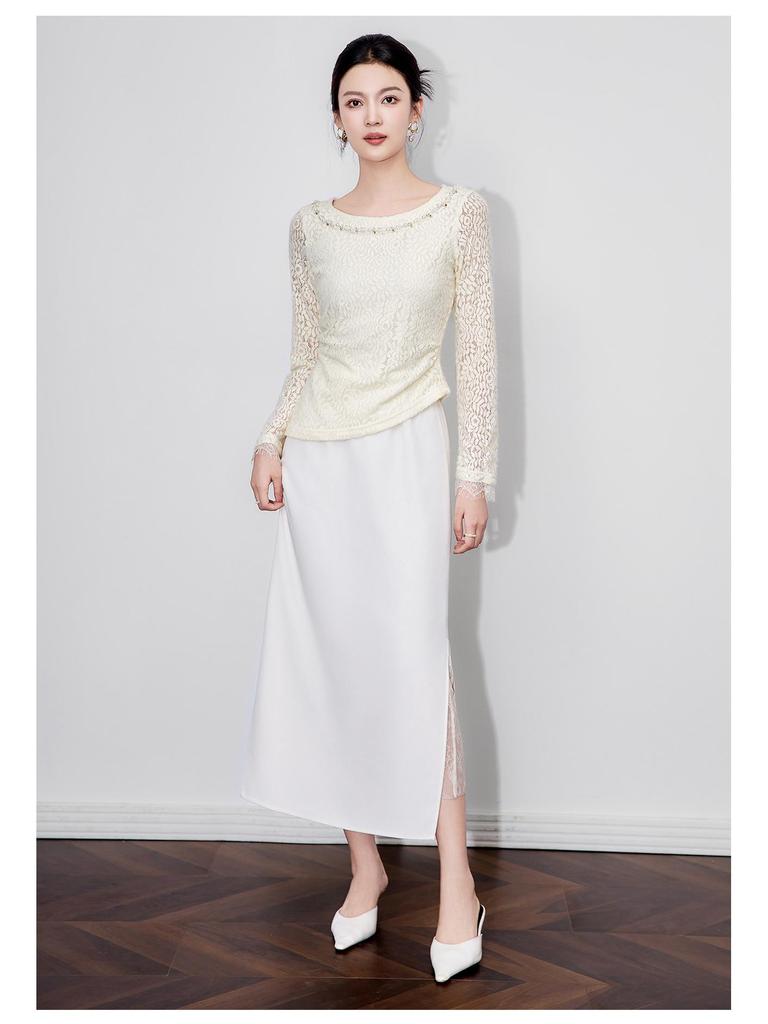 Nanyou Elegantes Französisches Ein-Schulter Perlen-Spitzen-T-Shirt