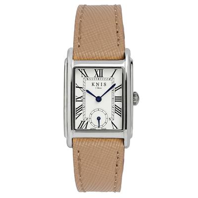 Orologio Unisex Classico Rettangolare Kyoto Giappone KN004-SVBESF Quarzo Quadrante Bianco Numeri Romani Pelle Saffiano Argento Beige Resistente all'Acqua 3ATM