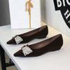 3cm Single Shoes For Women Velvet Rhinestone Bow Heel Women Shoes Temperament Pointed Tip Banquet Low-Riding Shoes Zapatos Mujer