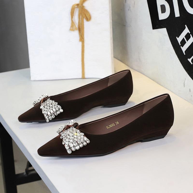 3cm Single Shoes For Women Velvet Rhinestone Bow Heel Women Shoes Temperament Pointed Tip Banquet Low-Riding Shoes Zapatos Mujer