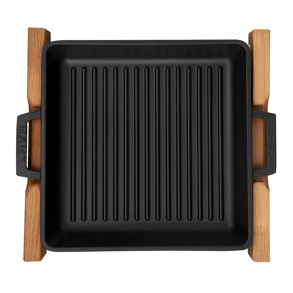 Lava Cast Iron Square Grill Pan. Dual Handle, With Wooden Platter 26X26cm.
