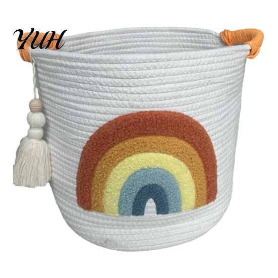 Foldable Sundries Holder Large Cotton Woven Storage Basket, Cartoon Embroidery Toy Organizer Bin, Soft Fabric Container Capacity with Reinforced
