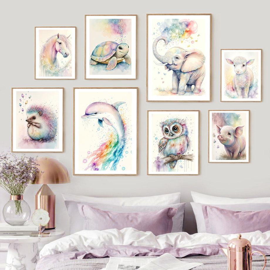 Watercolor Elephant Dolphin Owl Turtle Sheep Poster Nordic Wall Art Print Canvas Painting Cartoon Pictures Baby Kids Room Decor