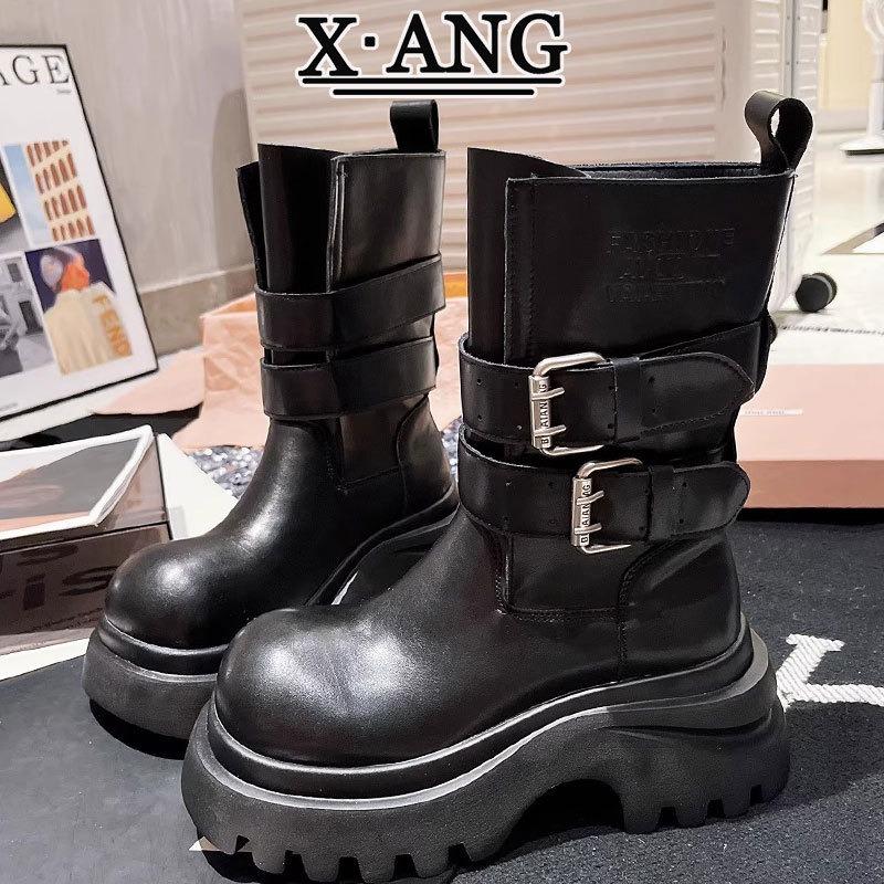 Leather Martin Boots Women's Thick-soled Heightened and Thin Small Chelsea Short Boots Cigarette Boots Medium Boots Locomotive Boots