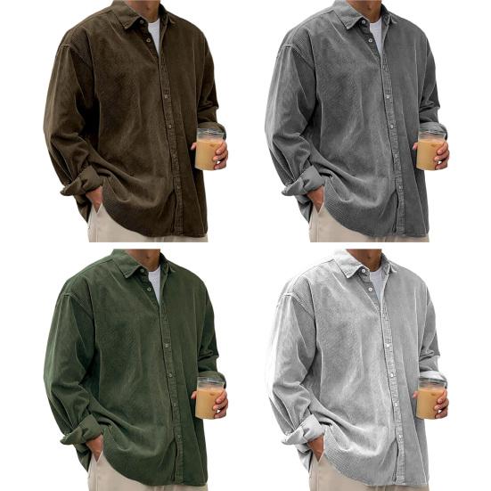 Camicia da uomo con bavero a maniche lunghe monopetto, colore solido, vestibilità larga, texture a coste, camicia casual capospalla per uso quotidiano