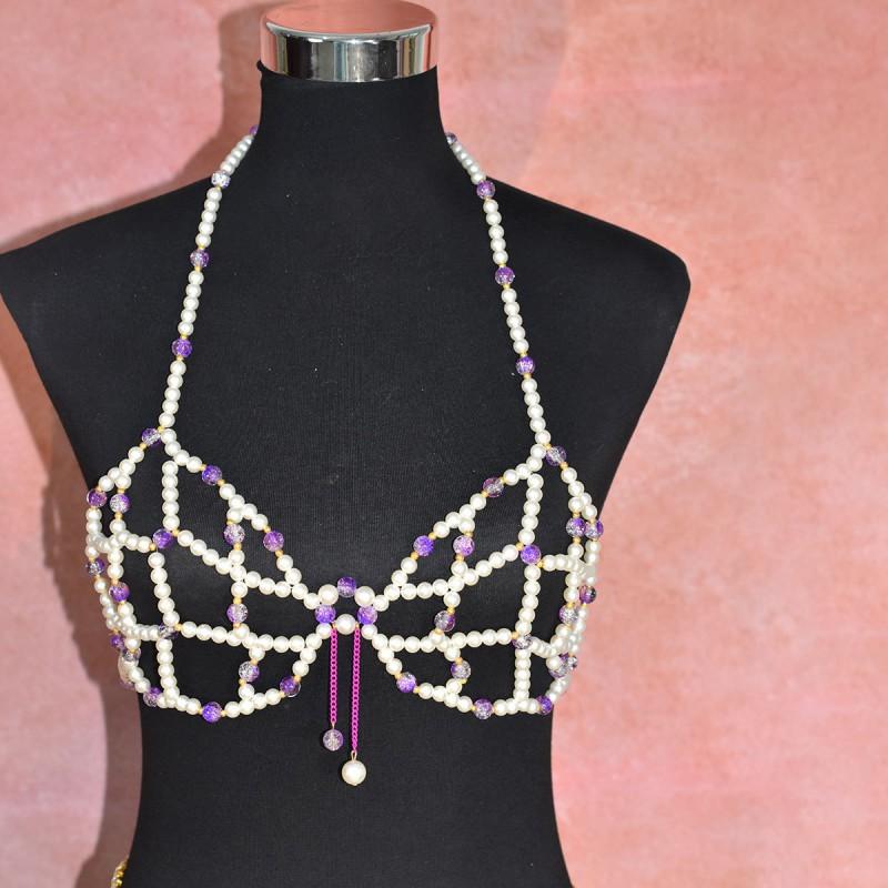 Womens Body Chain Set With Glass Bead Accent Fashionable Bra Top Waist Skirt Outfit Party Evening Wear