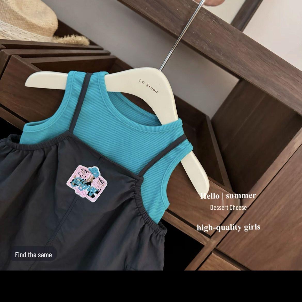 Original Summer Girls Blue Vest Overalls Skirt - Stylish Fashion Set 110 cm