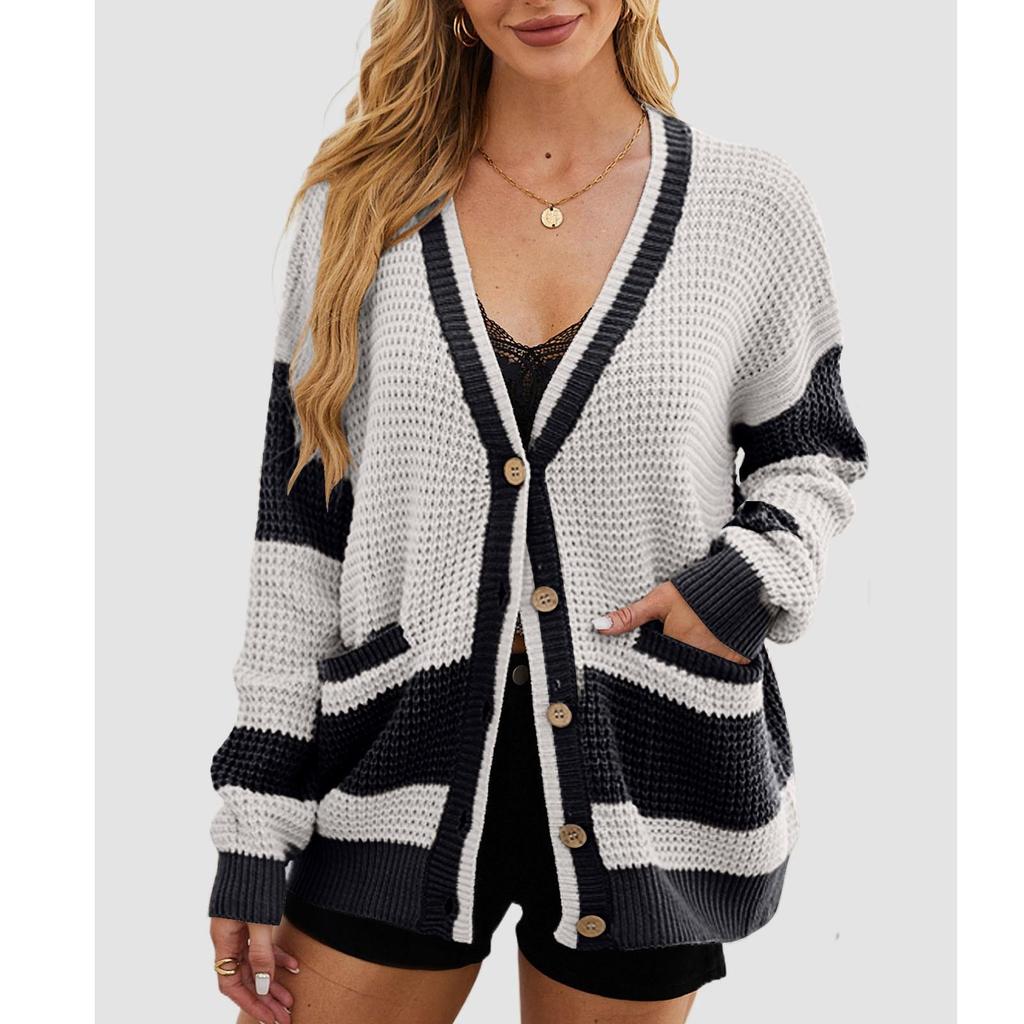 Women's Casual Knitted Jacket Pocket Color Blocked Cardigan Sweater  Loose Jacket