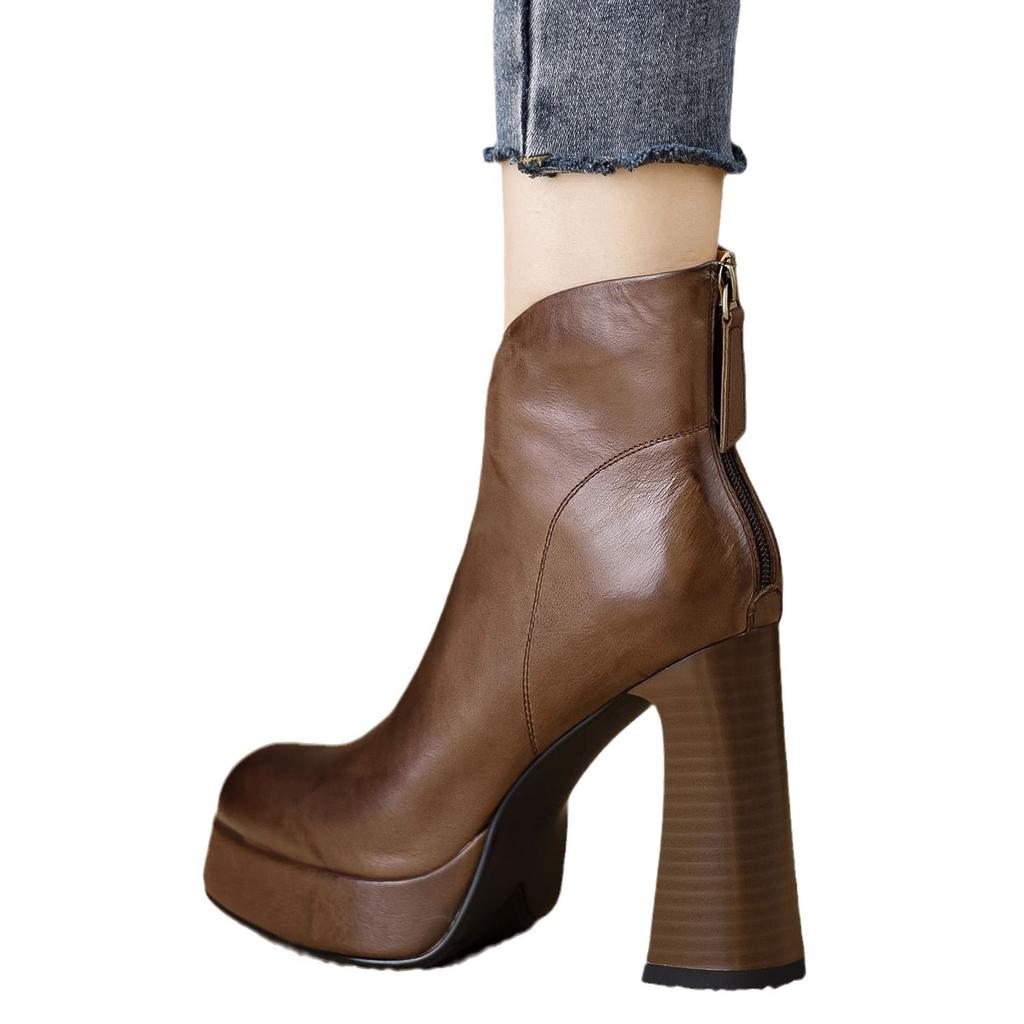 Brown leather high-end pointed leather boots splicing thick-soled thick-heeled short boots super high-heeled thick-heeled rear zipper fashion boots wo