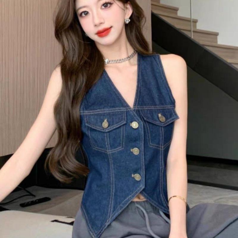 Hong Kong Retro Denim Vest Top - Women's Summer Sleeveless Slim Fit Cardigan