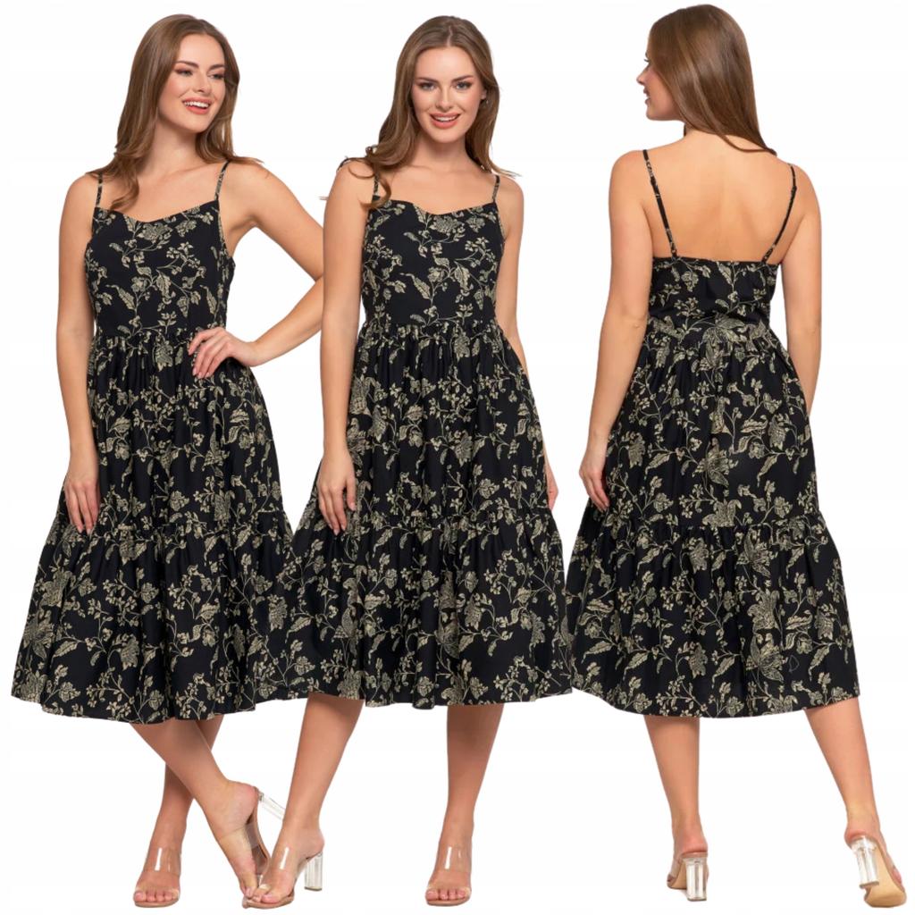 Women's Midi Dress with Straps and Ruffles, Stylish Classic, MORAJ XL PATT 1