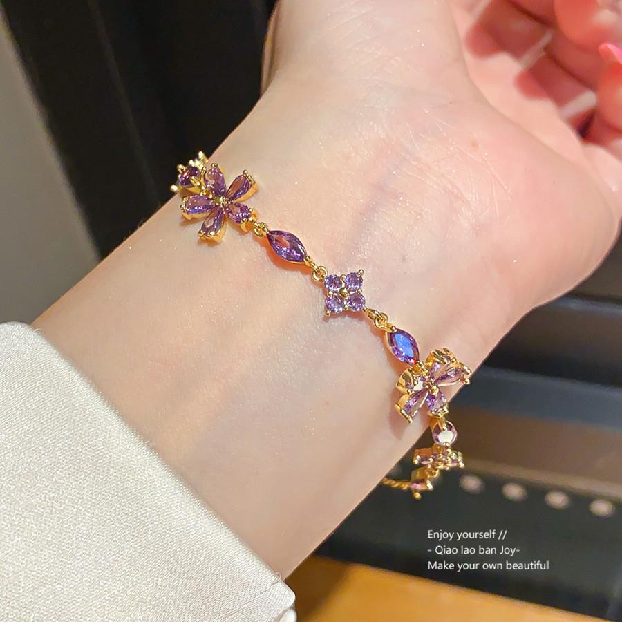 Minimalist Flower Cz Crystal Silver Bracelet For Women Office Wear