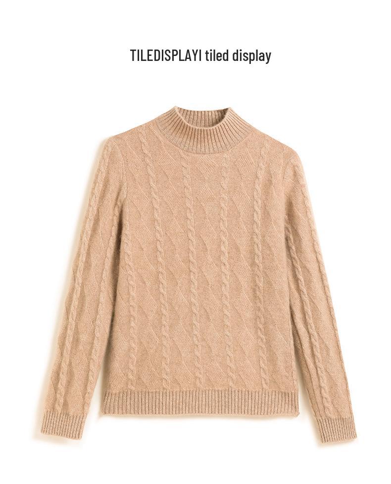 2024 Women's Cashmere Sweater - Autumn/Winter, Half-High Neck, Cable Knit, Loose Fit, Versatile, Thickened Base Layer.