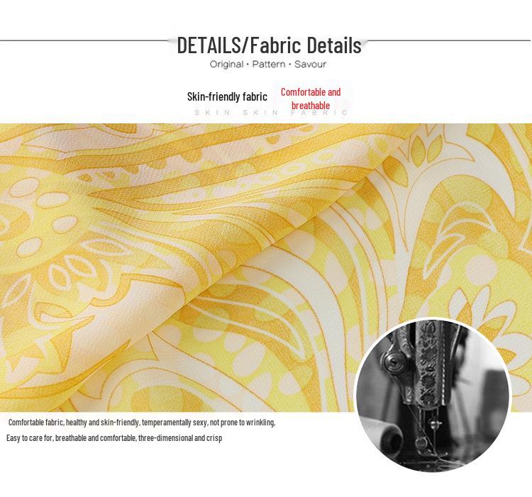 V-Neck Yellow Floral Tencel Chiffon Dress for Beach Vacation