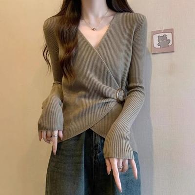 Autumn Winter V-neck Solid Irregular Waist Sweater Women Long Sleeve All-match Bottomed Pullover Knitting Top