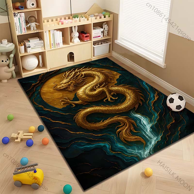 15 Sizes Golden Dragon with Moon Waterfall Print Carpet Rug for Living Room Bedroom Sofa Doormat Home Decor Non-slip Floor Mat