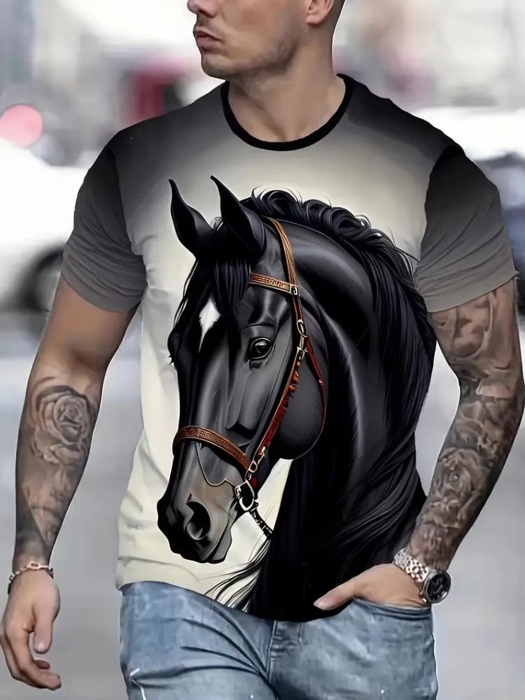 Vintage 3D T-Shirts for Men Horse Print Casual Crew Neck Graphic T-Shirt Tops Street Harajuku Short Sleeve Tee Men Clothing
