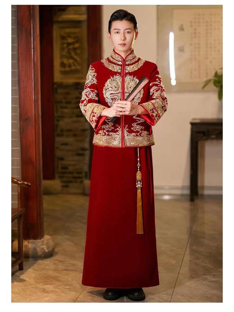 Herren 2024 Xiuhe Samt Hochzeitsanzug: Chinesisches Bräutigam Drachen & Phönix Gewand, Übergröße verfügbar