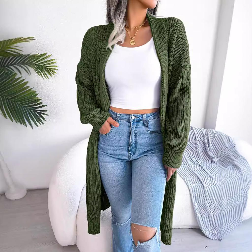Autumn and winter European and American sweaters and cardigans solid color loose fashion casual buckle-free medium and long jackets
