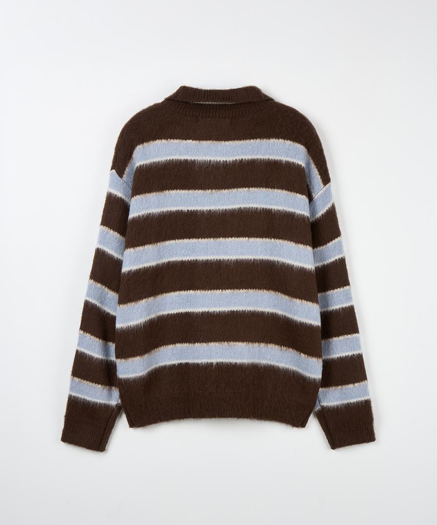 NODU Open Collar Striped Brush Knit [Brown]