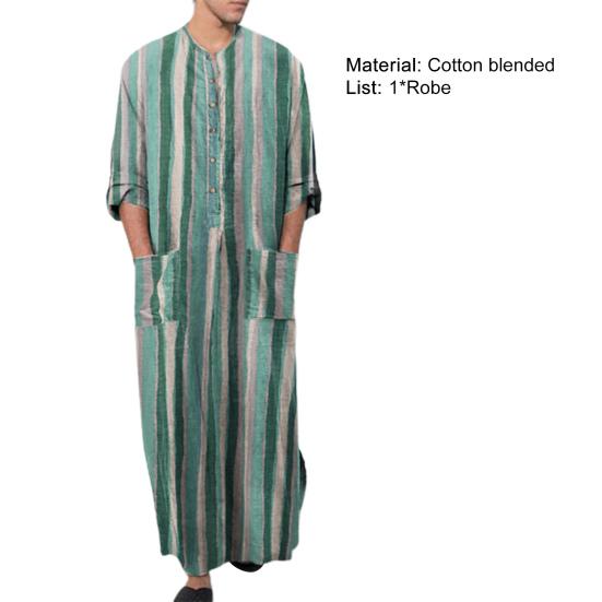 Gown Shirt Colorful Striped Pockets Single-breasted Round Neck Soft Long Shirt for Daily Wear