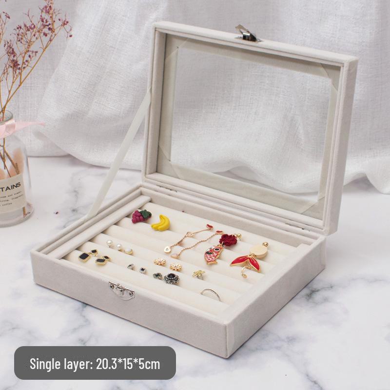 Pink Flocked Portable Jewelry Box with Lid - 316-Grit Dustproof Glass Ring & Earring Display