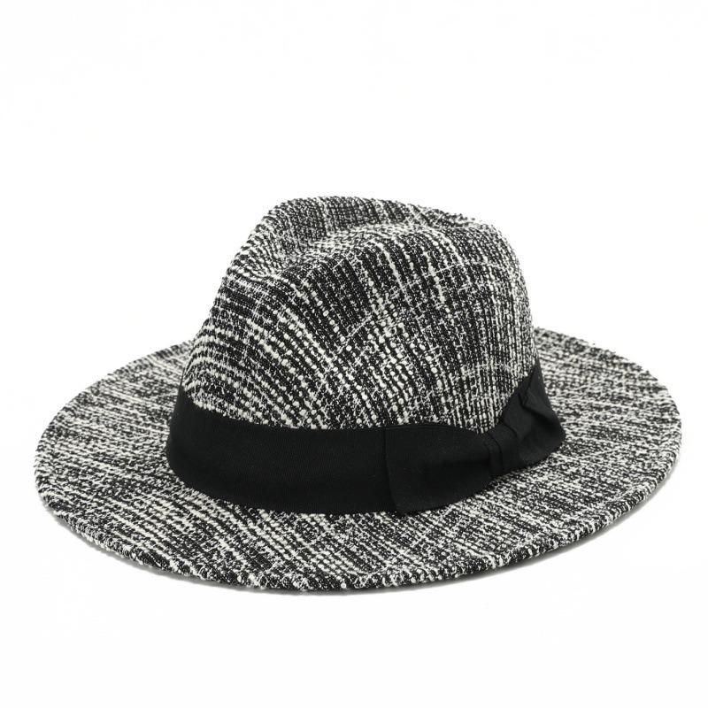 Small approval, ancient tweed top hat, black ribbon decoration, classic wide-brimmed hat, unisex