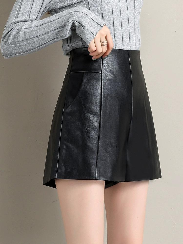 

Women s Fall Loose Slimming Versatile PU Leather Shorts Plus Size A-Line Wide Leg Outer Wear Pants Mini Shorts Versatile Slim Fit Hot Pants XS чёрный