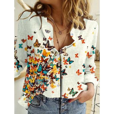 Fashion Retro Butterfly Group Print Long Sleeve Blouse 2023 Spring Spring Lapel Button Casual Blouse Ladies Home Shirt